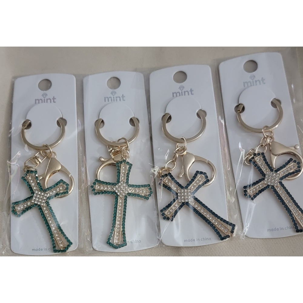 Rhinestone Cross Keychain Gold Tone Crystal Religious Charm Green Blue 7.00 Each
